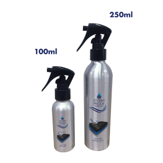 Storm Proof Premium Spray On Waterproofer for wet weather garments - Pocket size 100ml and 250ml refillable aluminium bottles (Pair)